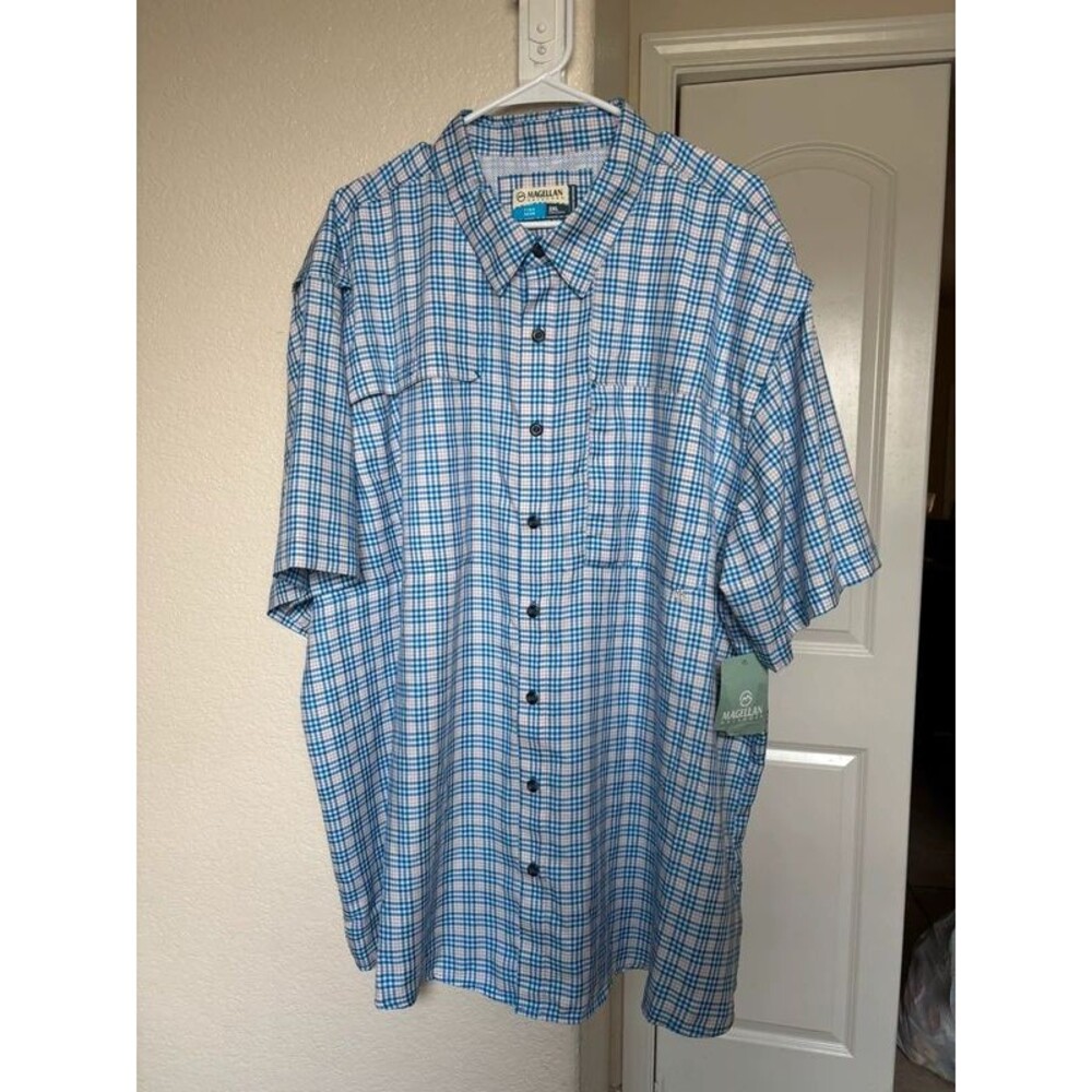 Magellan Blue Plaid Fish Gear Button Shirt